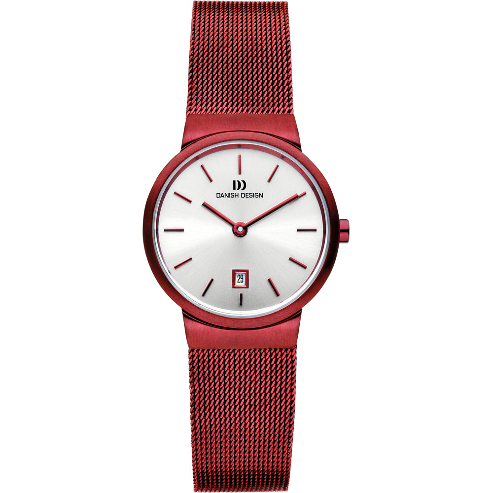 Rood horloge met een zilveren wijzerplaat en een mesh-band.