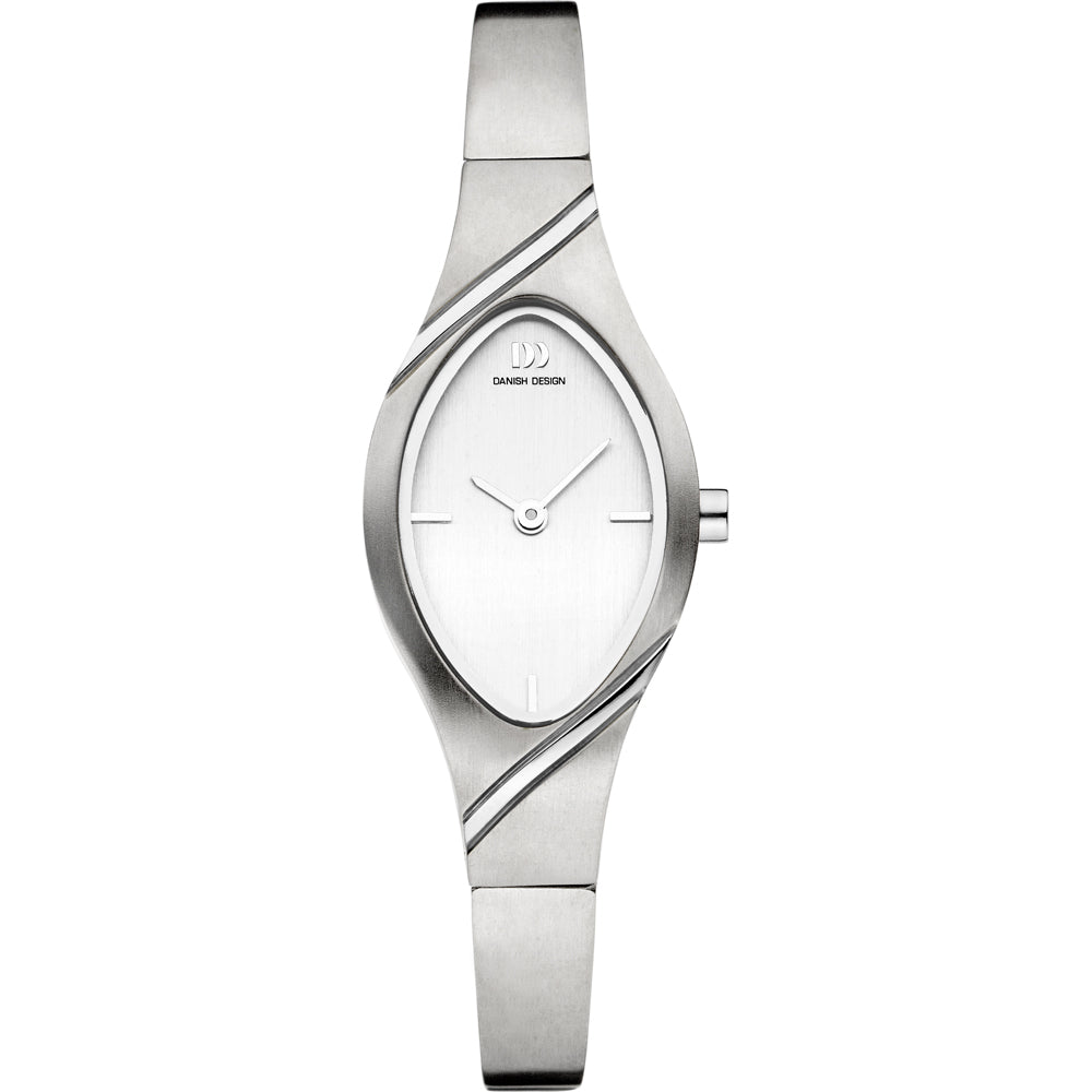 Zilveren horloge met een ovale wijzerplaat en een gestroomlijnd, gebogen bandontwerp.