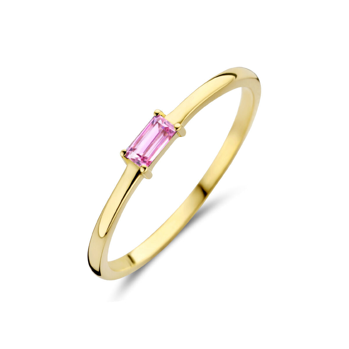 Ring van 14K geelgoud met een rechthoekige toermalijn in een roze tint.