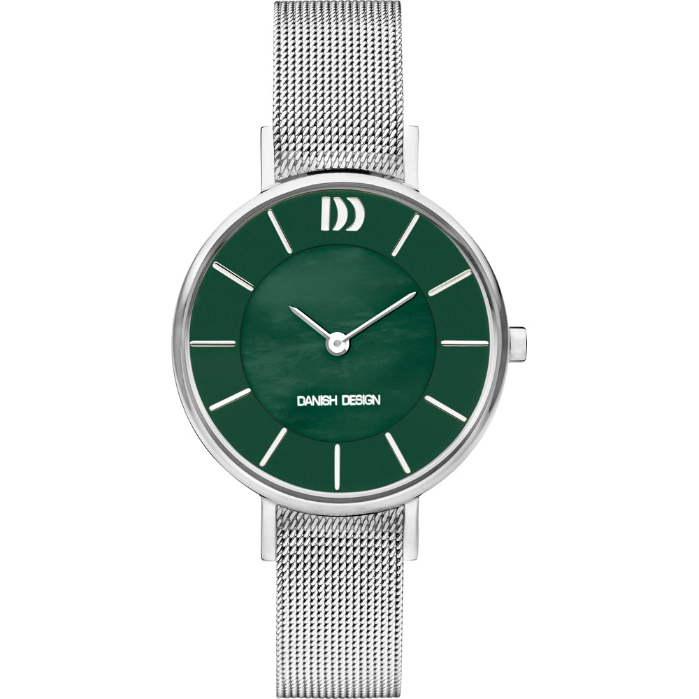 Groen horloge met een ronde wijzerplaat, zilveren mesh-band en stalen kast.