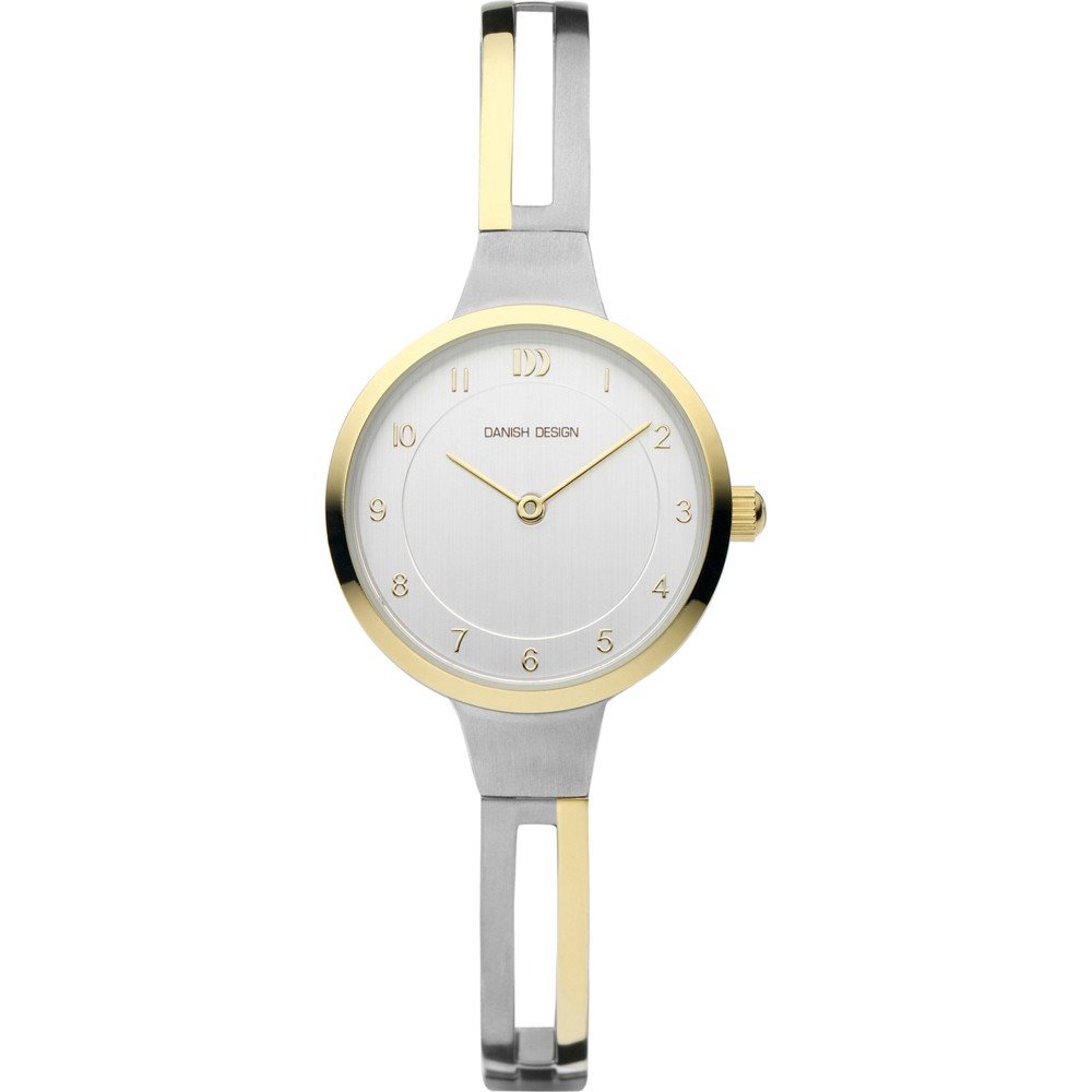 Zilveren horloge met een witte wijzerplaat en gouden accenten, voorzien van een minimalistisch design.