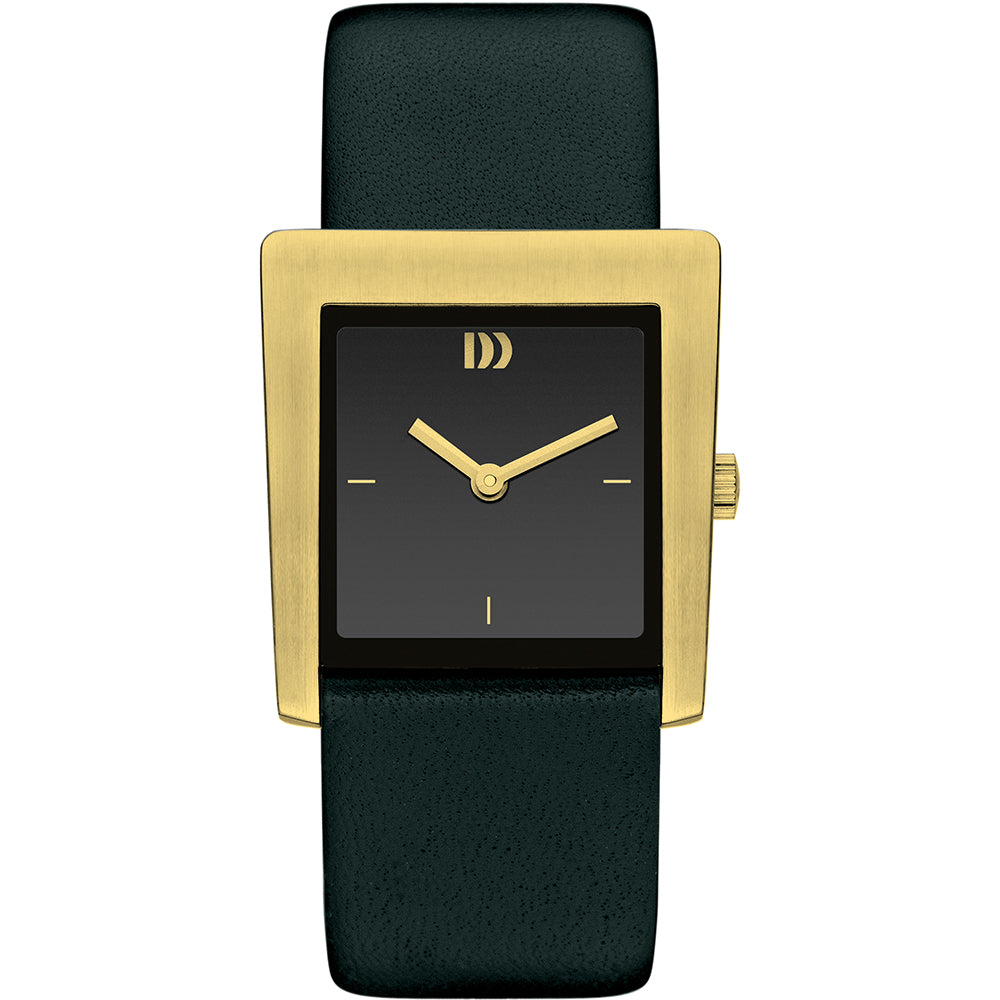 Gouden horloge met vierkante zwarte wijzerplaat en groene leren band.