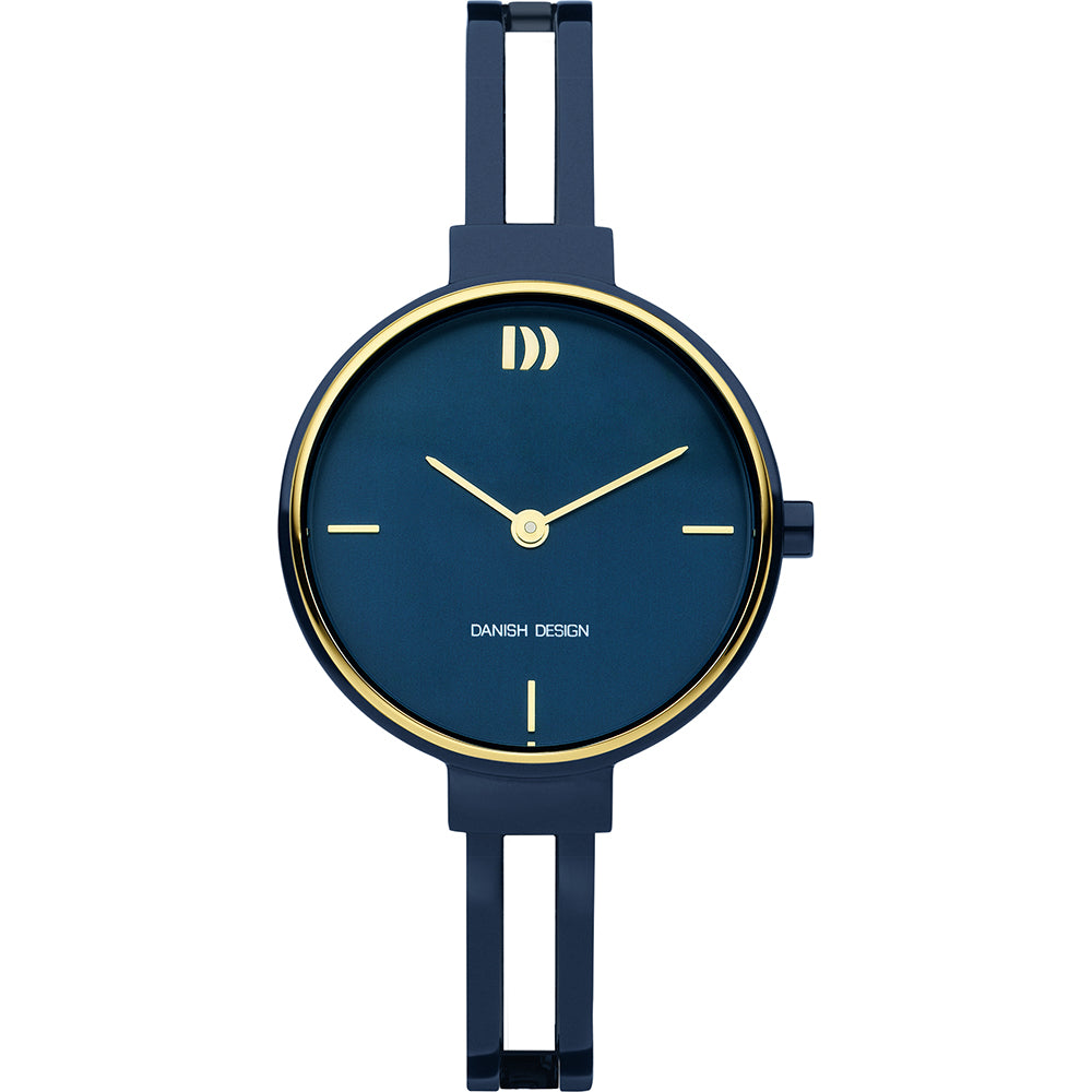 Blauw horloge met een ronde wijzerplaat, gouden details en een slanke metalen band.