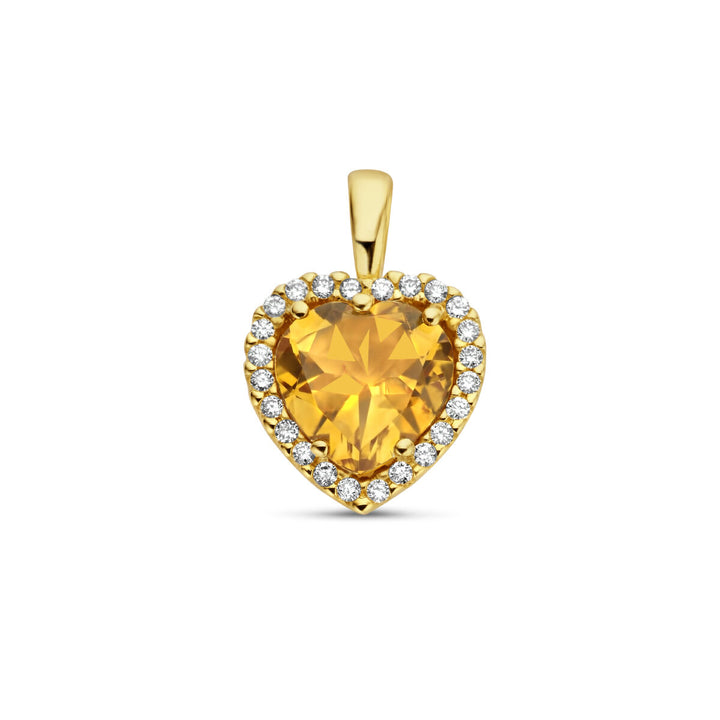 pendant heart citrine and diamond 0.10ct h si halo 14K yellow gold