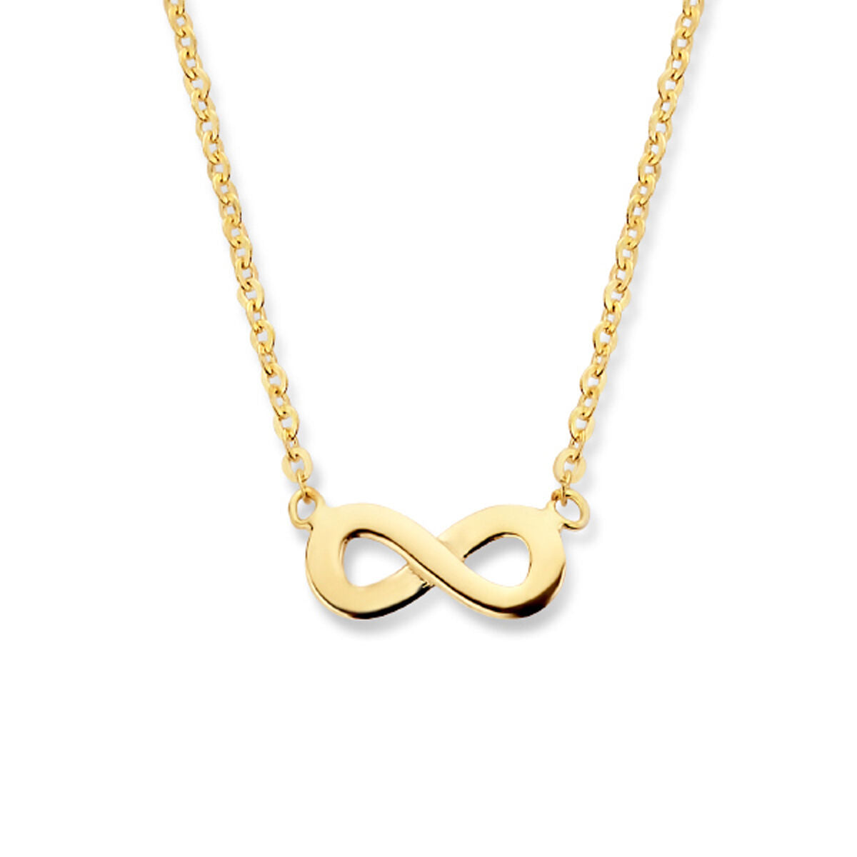 Collier van 14K geelgoud met een infinity-symbool, verstelbare lengte van 41,5 tot 44,5 cm.