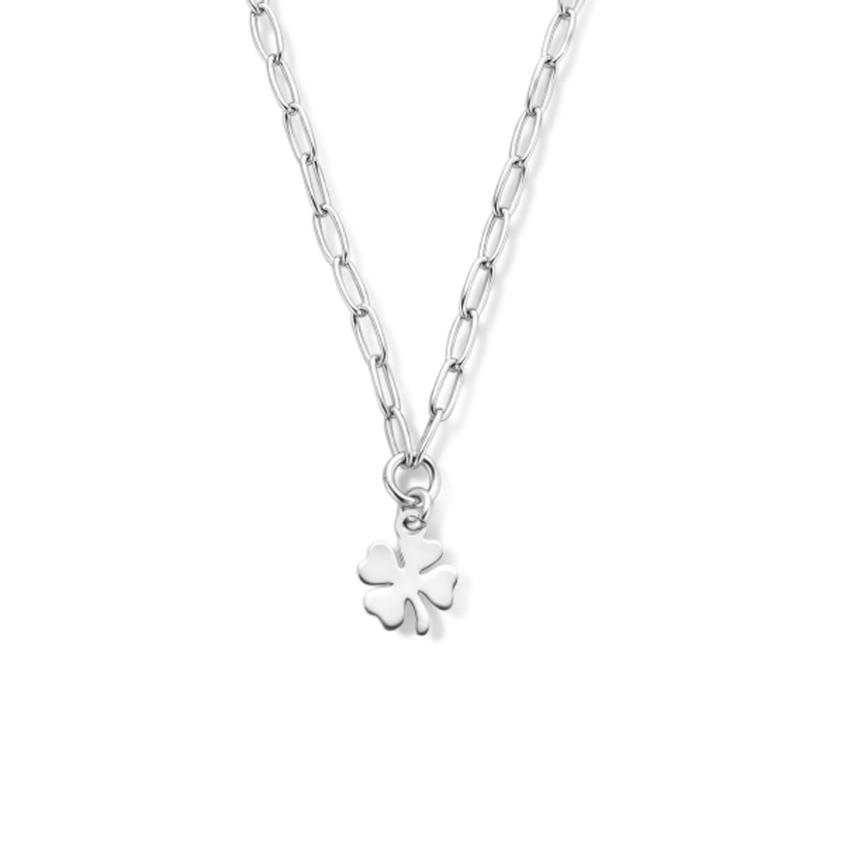 Zilveren gerhodineerd collier met een klavertje vier hanger, lengte 40 + 5 cm.