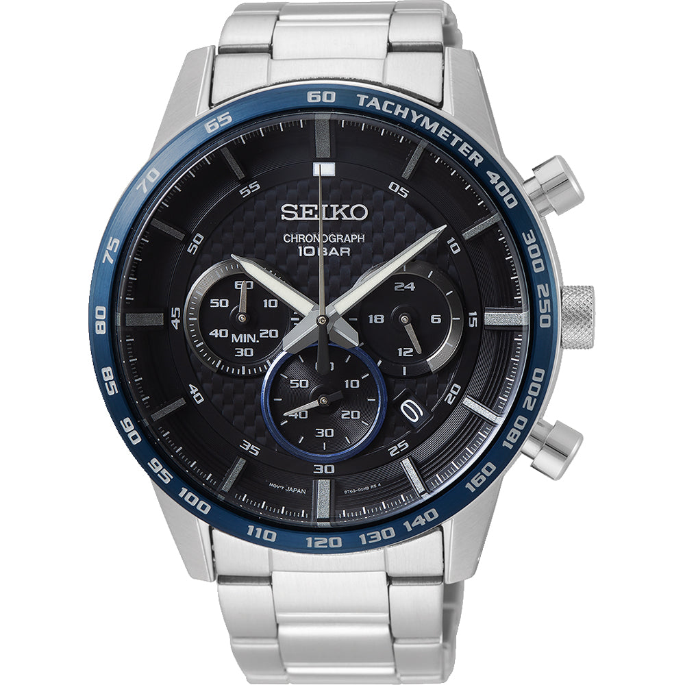 Zilveren heren horloge met zwarte wijzerplaat, chronograaffunctie en blauwe details.