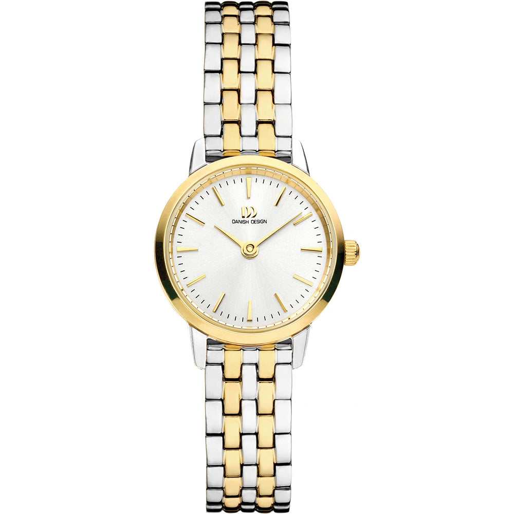Gouden en zilveren horloge met een witte wijzerplaat en een metalen schakelband.