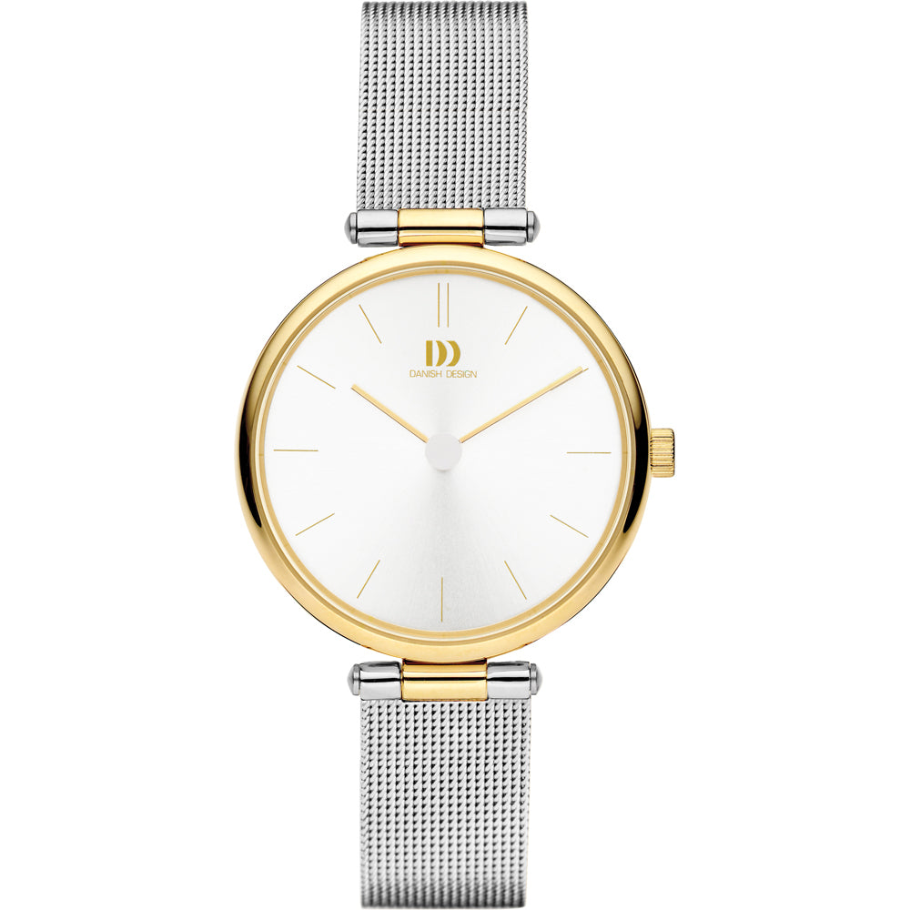 Gouden horloge met een witte wijzerplaat en een zilveren mesh-band.