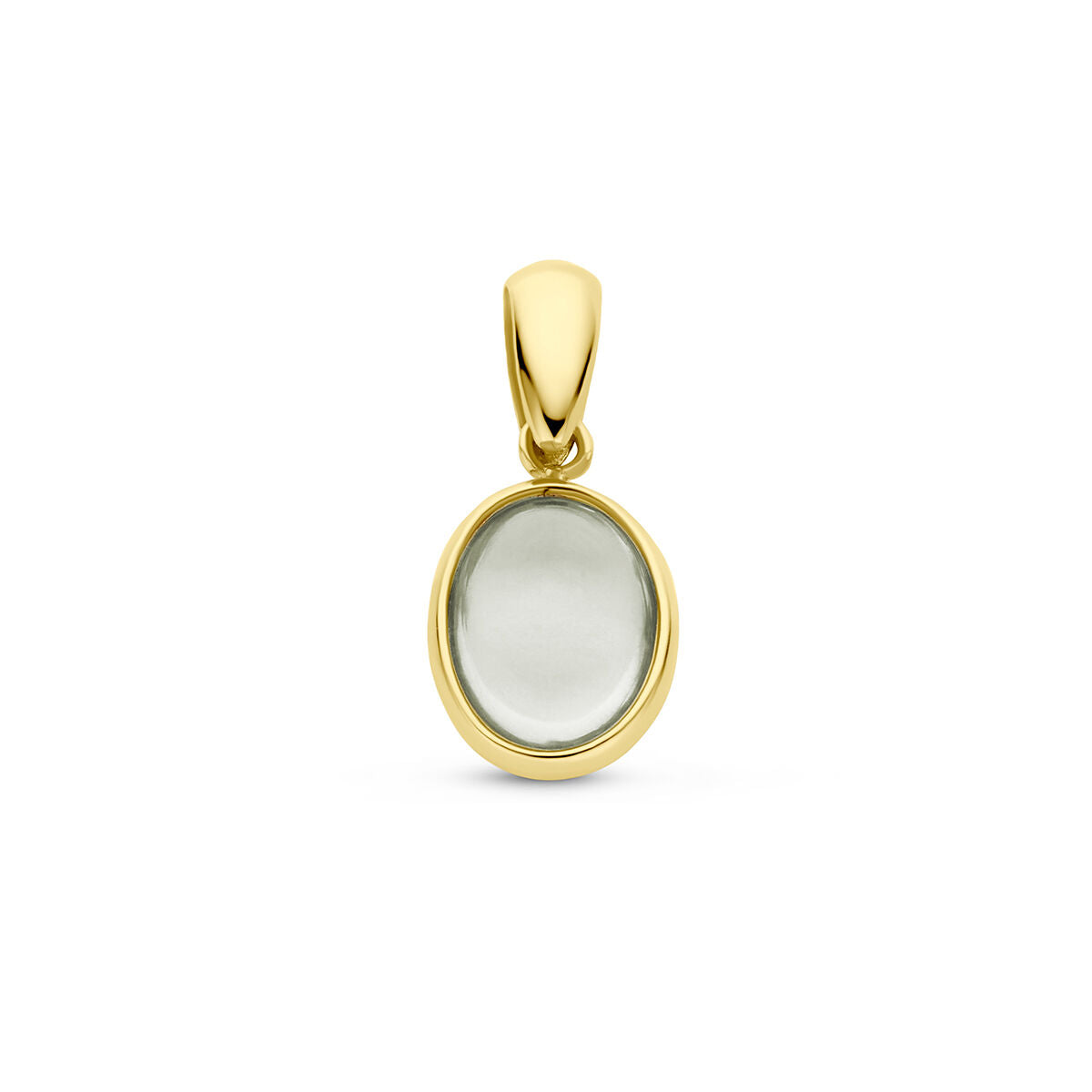 De Van der Kooij Collectie hanger groen amethist 14K geelgoud is een dames sieraad met een ovaal transparante edelsteen in een eenvoudige gouden zetting, afgebeeld op een witte achtergrond.