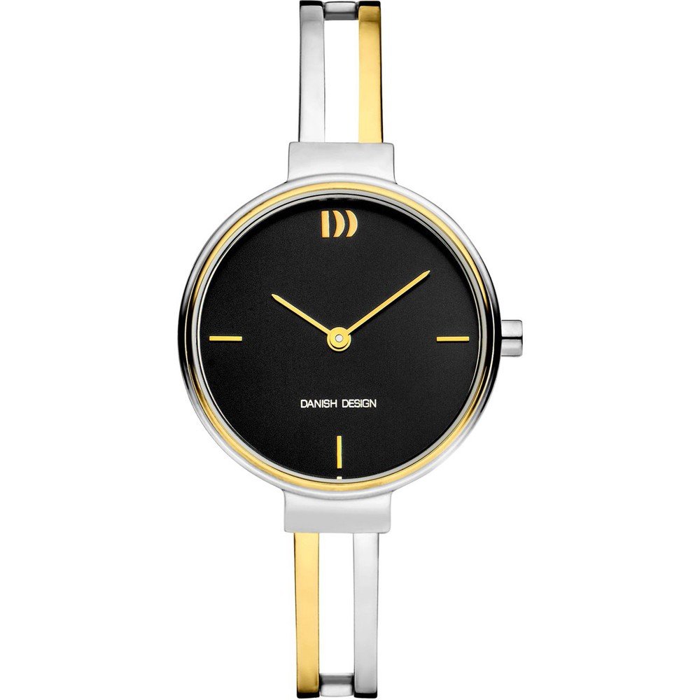 Zilveren horloge met zwarte wijzerplaat, gouden details en een slanke, moderne band.