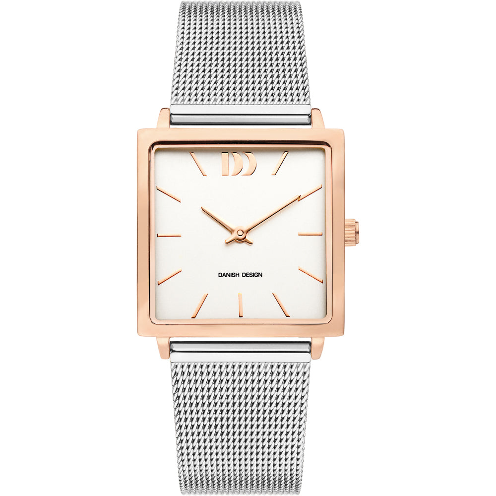 Roségouden vierkant horloge met witte wijzerplaat en zilveren mesh-band.