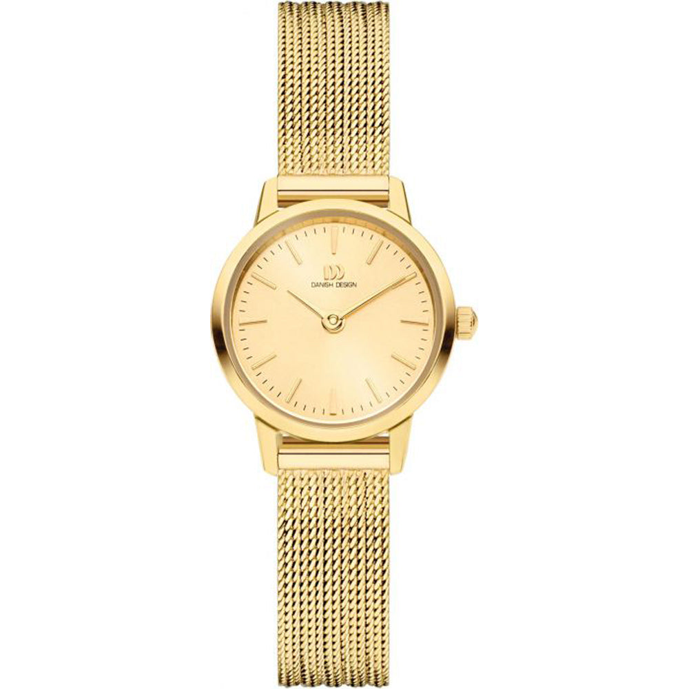 Gouden horloge met een mesh-band en een eenvoudige, lichte wijzerplaat.
