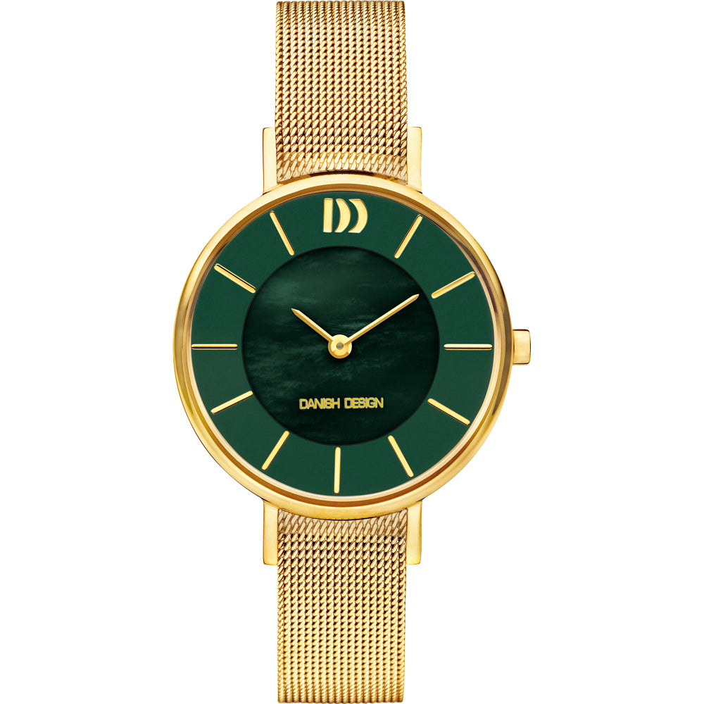 Gouden horloge met groene wijzerplaat en mesh-band.