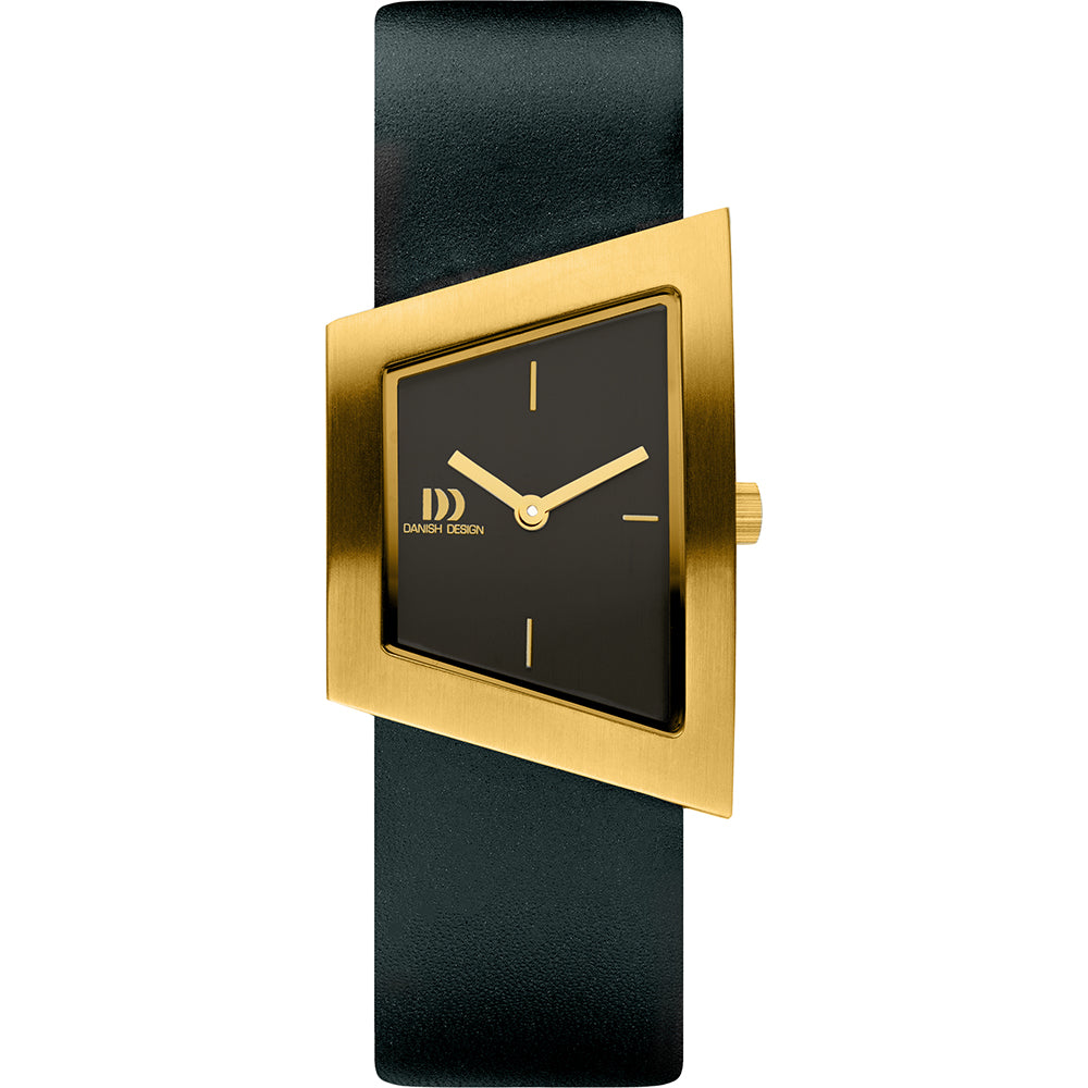 Gouden horloge met zwarte vierkante wijzerplaat en leren zwarte band.