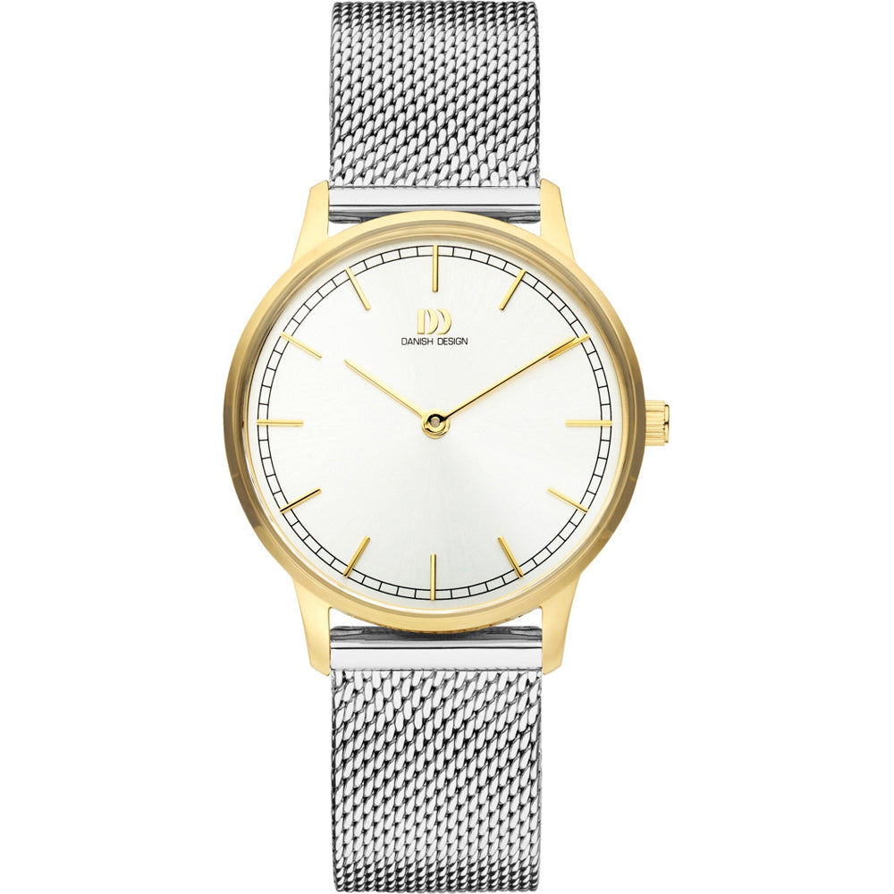 Gouden horloge met witte wijzerplaat en zilveren mesh-band.