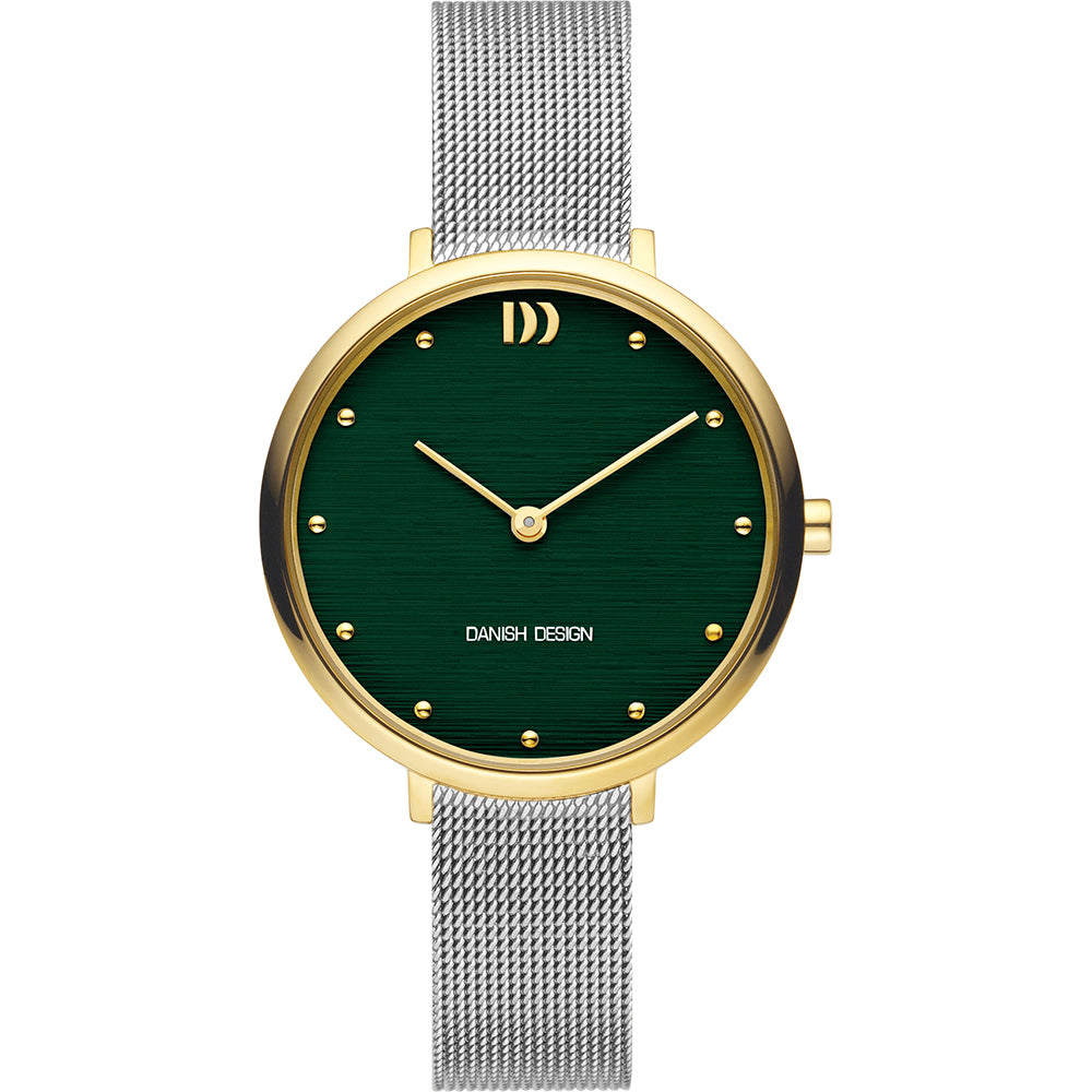 Gouden horloge met groene wijzerplaat en mesh-band.