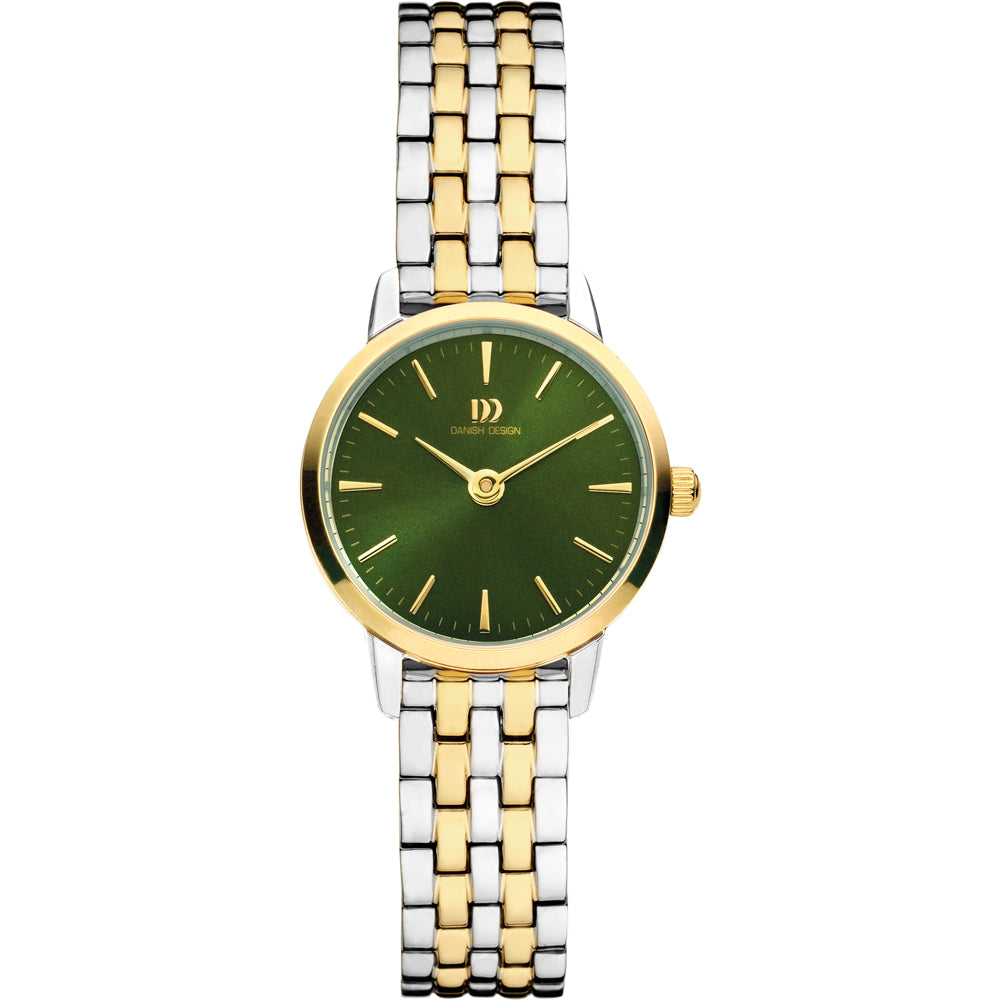 Dames horloge met groene wijzerplaat, gouden en zilveren schakelband, ronde kast.