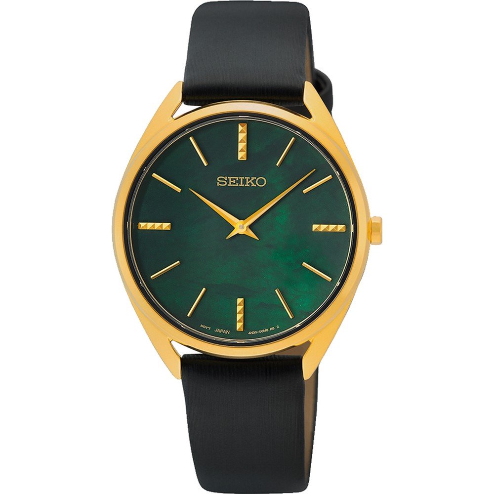Gouden dames horloge met groene wijzerplaat en zwarte leren band.