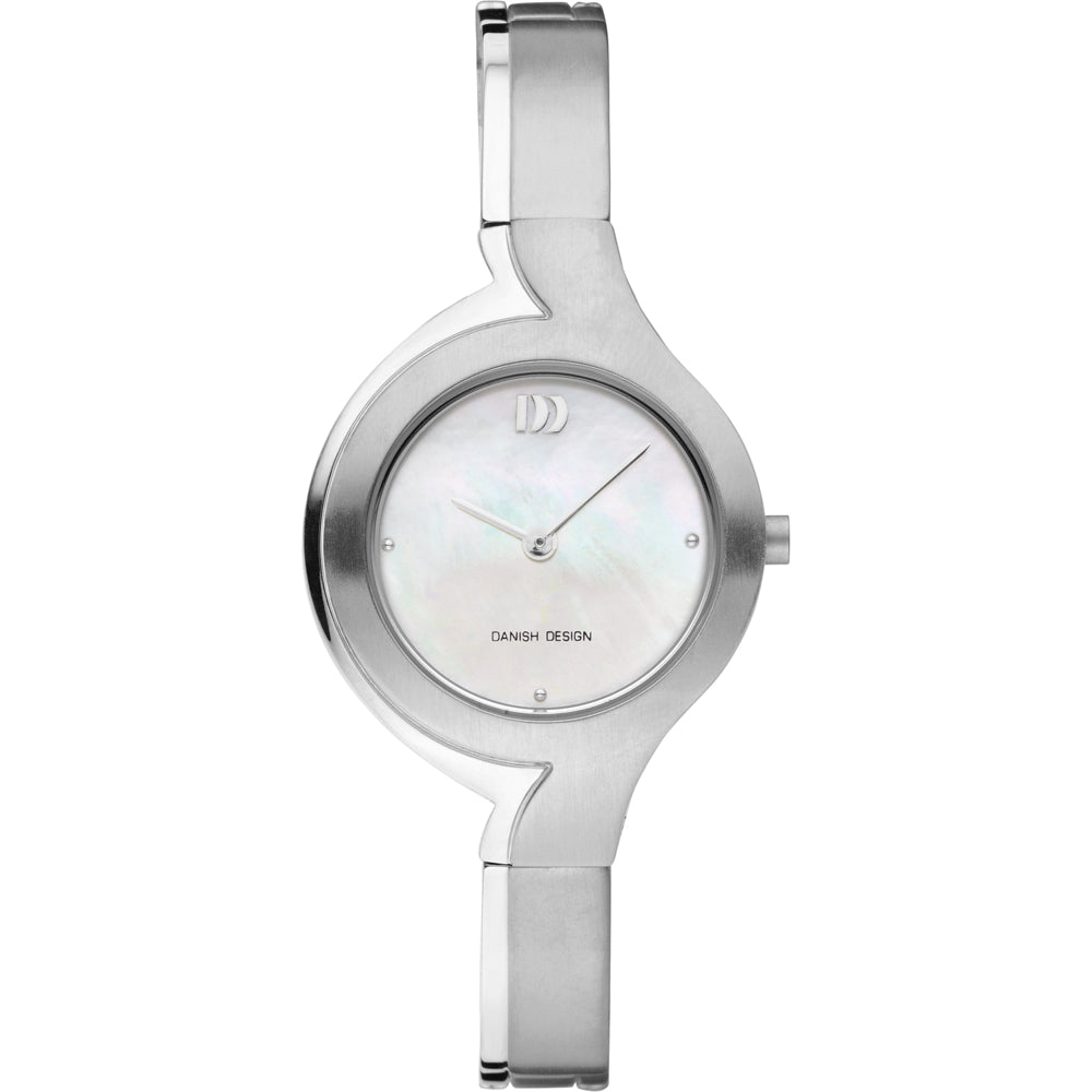 Zilveren horloge met een parelmoeren wijzerplaat en een strakke, moderne band.