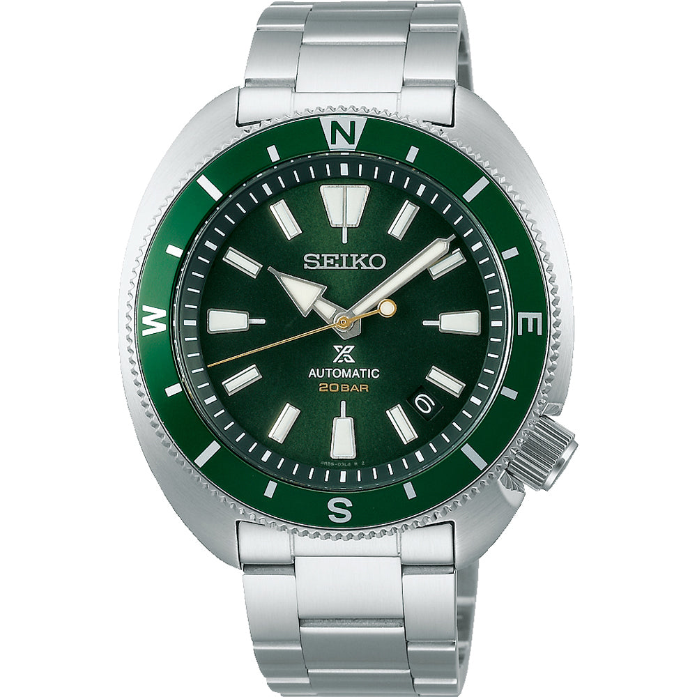 Heren horloge met groene wijzerplaat, zilveren stalen band en automatische beweging.