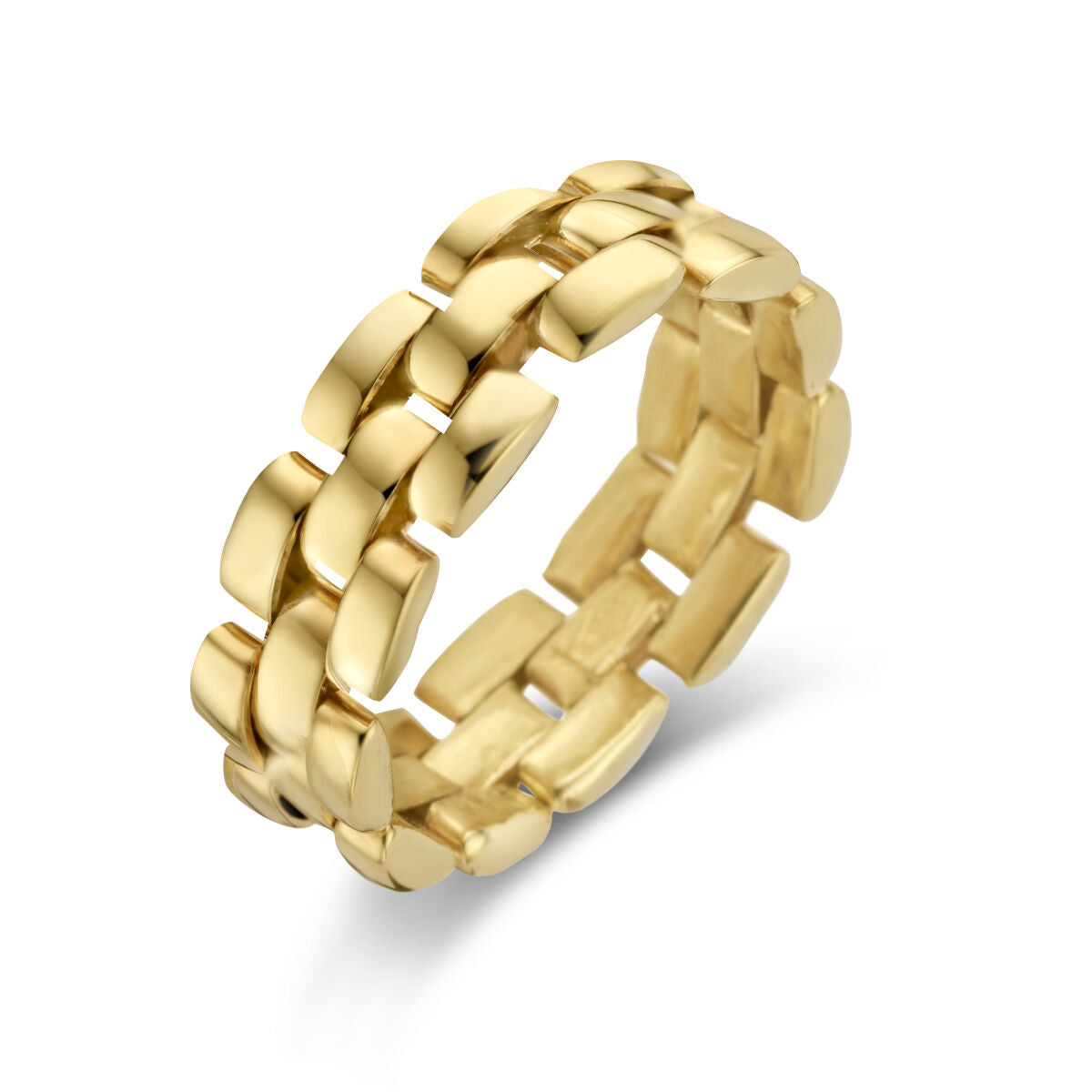 De ring flexibele schakel 14K geelgoud uit de Van der Kooij Collectie heeft een unieke in elkaar grijpende schakelvorm en is stijlvol gefotografeerd op een witte achtergrond met subtiele schaduw.