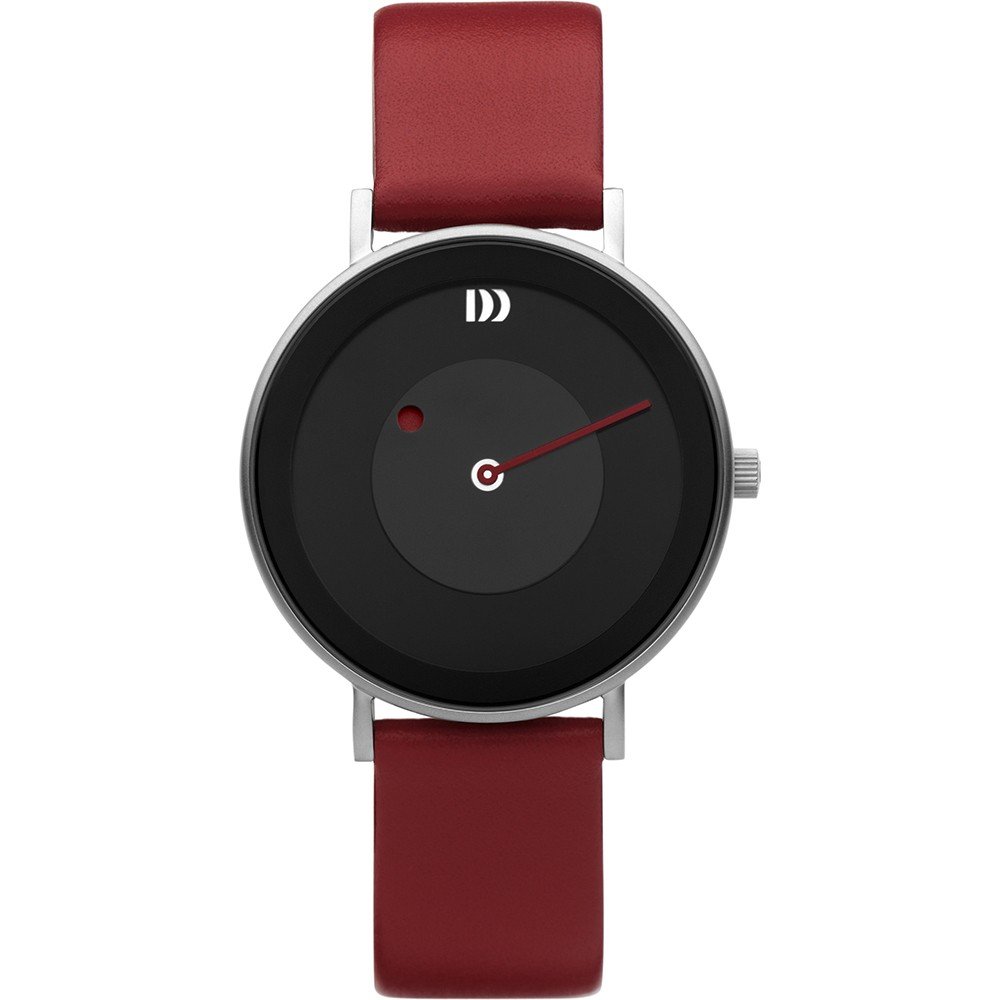 Zwart horloge met ronde wijzerplaat, rode leren band en minimalistische tijdsaanduiding.