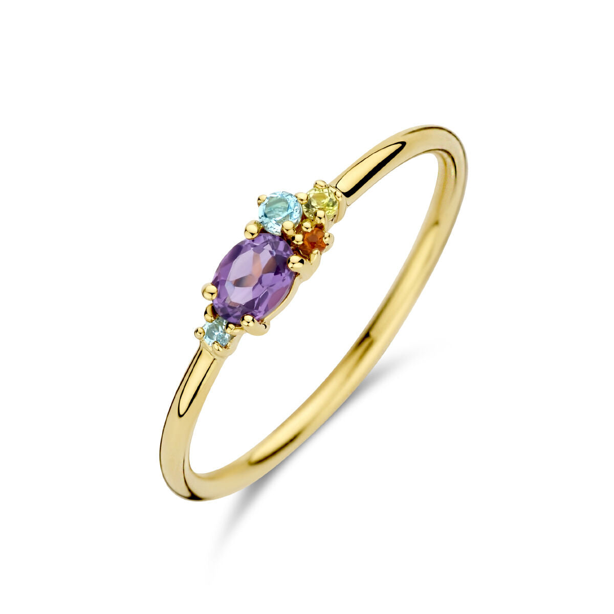 Een 14K geelgouden ring uit de Van der Kooij Collectie, met natuurlijke kleurstenen van 0.16ct in paarse, blauwe, gele en oranje tinten, gezet op een gepolijste gouden band.