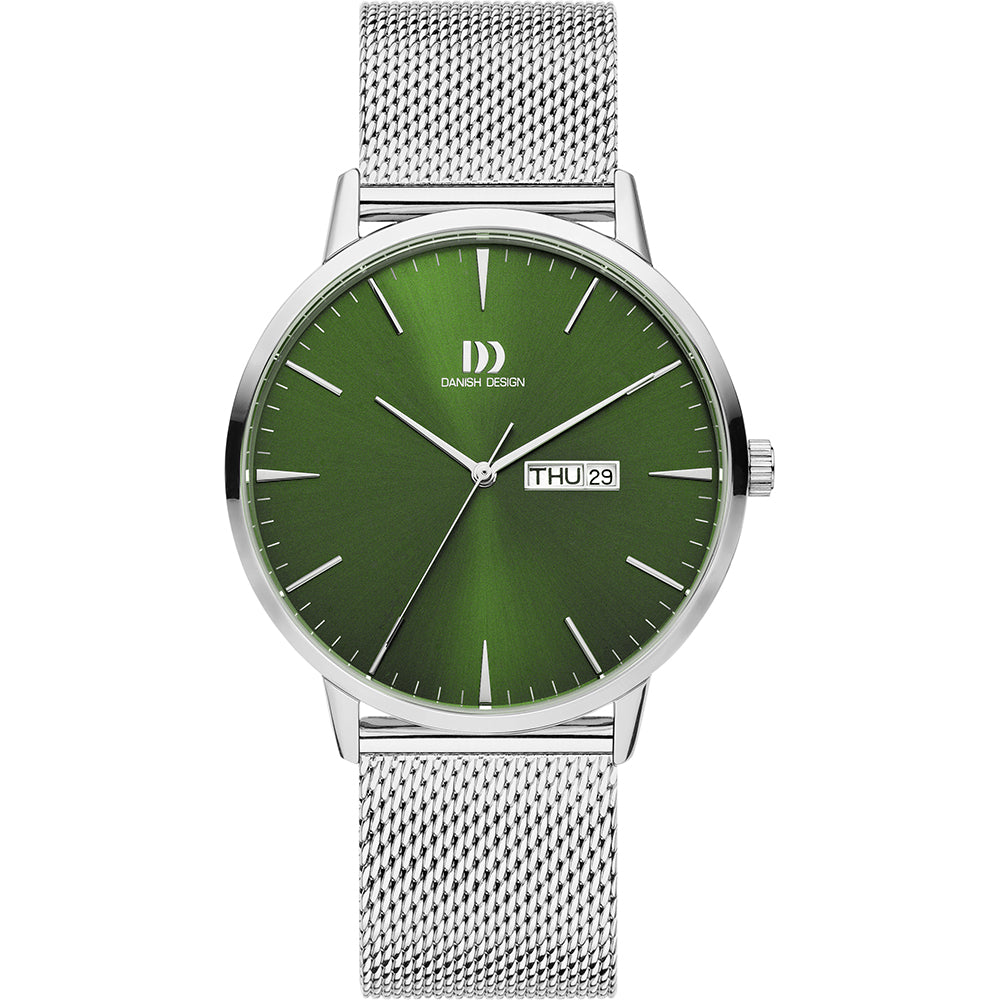 Zilveren horloge met groene wijzerplaat, mesh-band en datumaanduiding.
