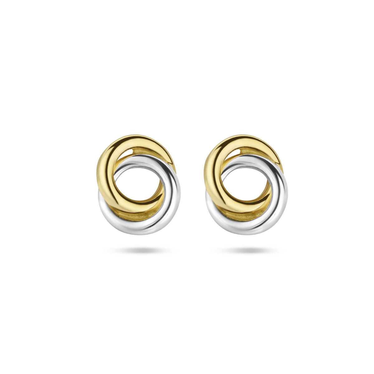 Bicolor oorknoppen van 14K geelgoud en zilver in een rond, gestileerd ontwerp.