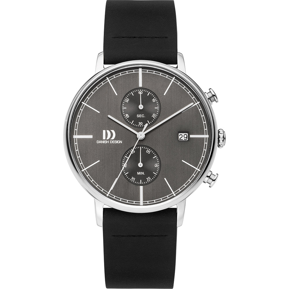 Heren horloge met grijze wijzerplaat, zilveren kast en zwarte rubberen band, met chronograaf en datumaanduiding.
