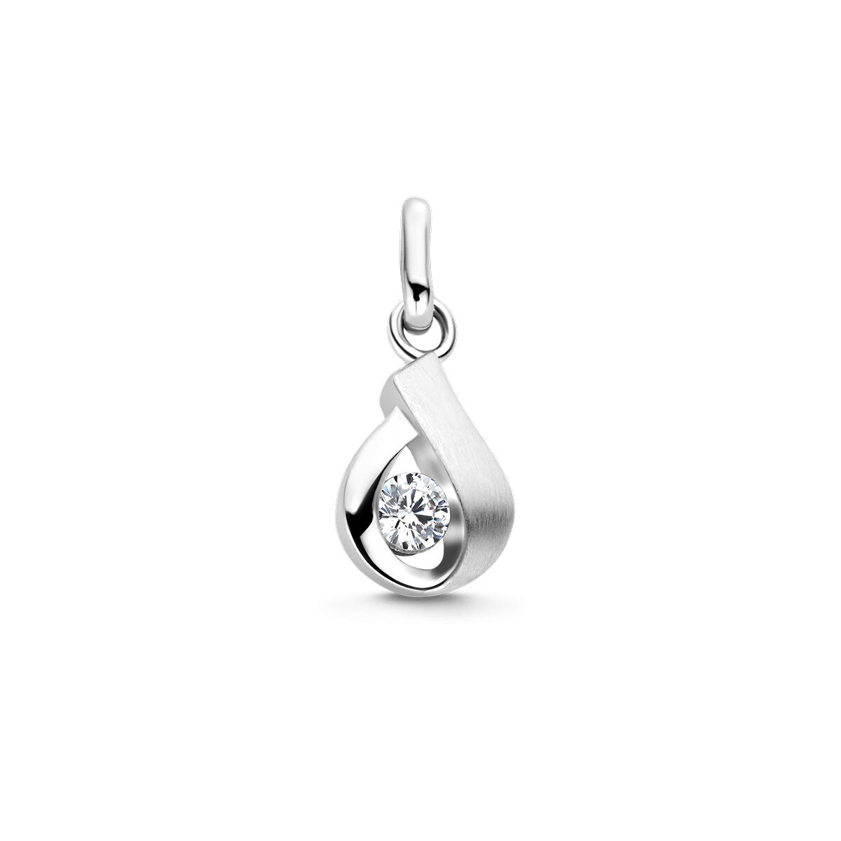 Hanger van gerhodineerd zilver met een matte afwerking en een zirkonia in een druppelvormige setting.