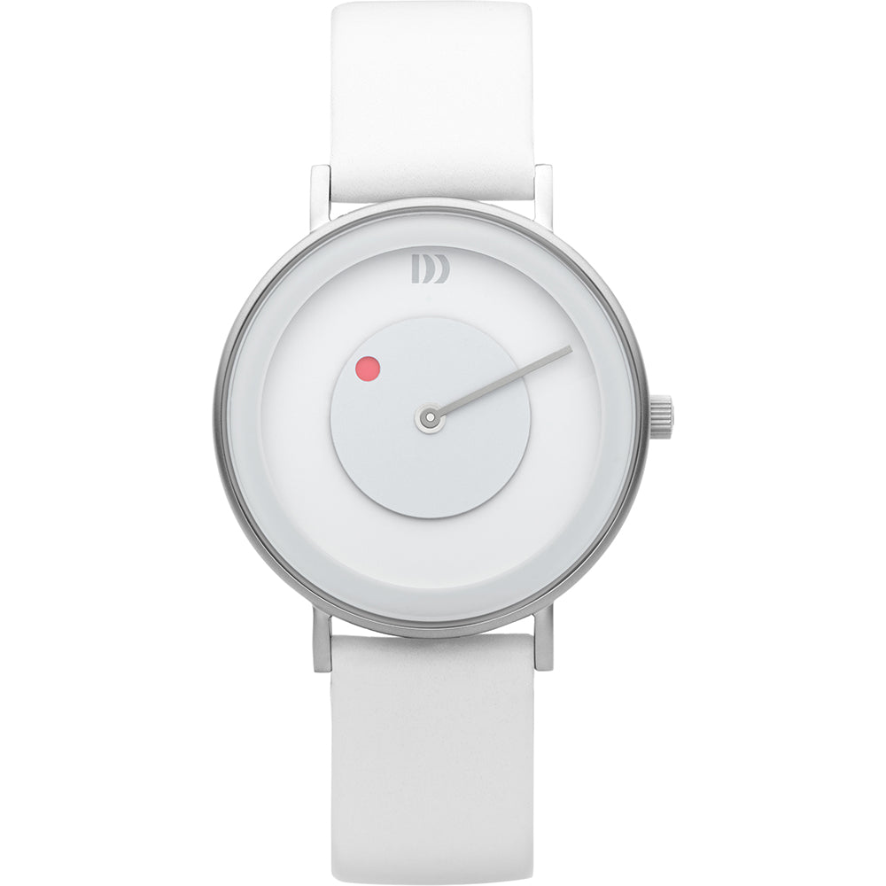 Wit horloge met een minimalistische wijzerplaat, zilveren kast en een witte leren band.
