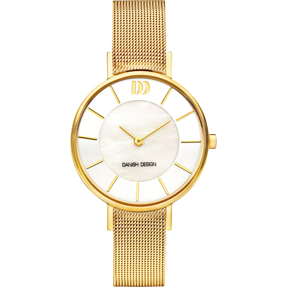 Gouden horloge met een mesh-band en een parelmoeren wijzerplaat met gouden details.