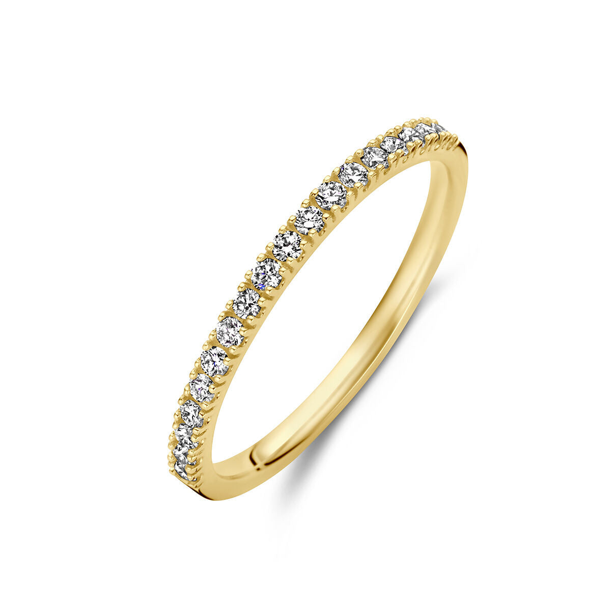 Geelgouden ring met 0.20 ct diamant, bezet met kleine heldere steentjes aan de bovenkant.