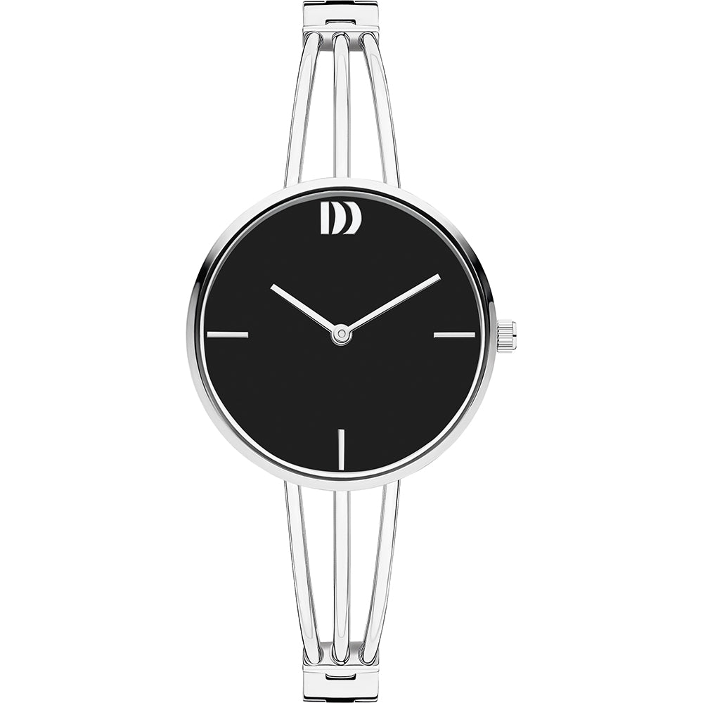 Zilveren horloge met zwarte wijzerplaat en een opengewerkte band.