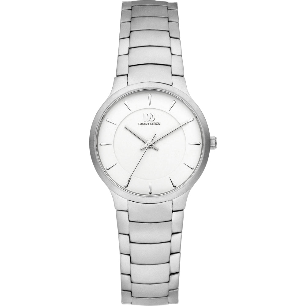 Zilveren horloge met een witte wijzerplaat en een schakelband.