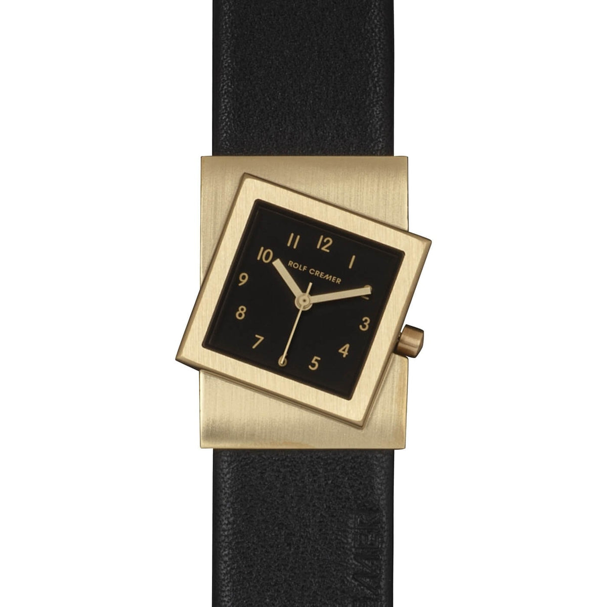 Gouden horloge met vierkante kast, zwarte wijzerplaat en leren zwarte band.