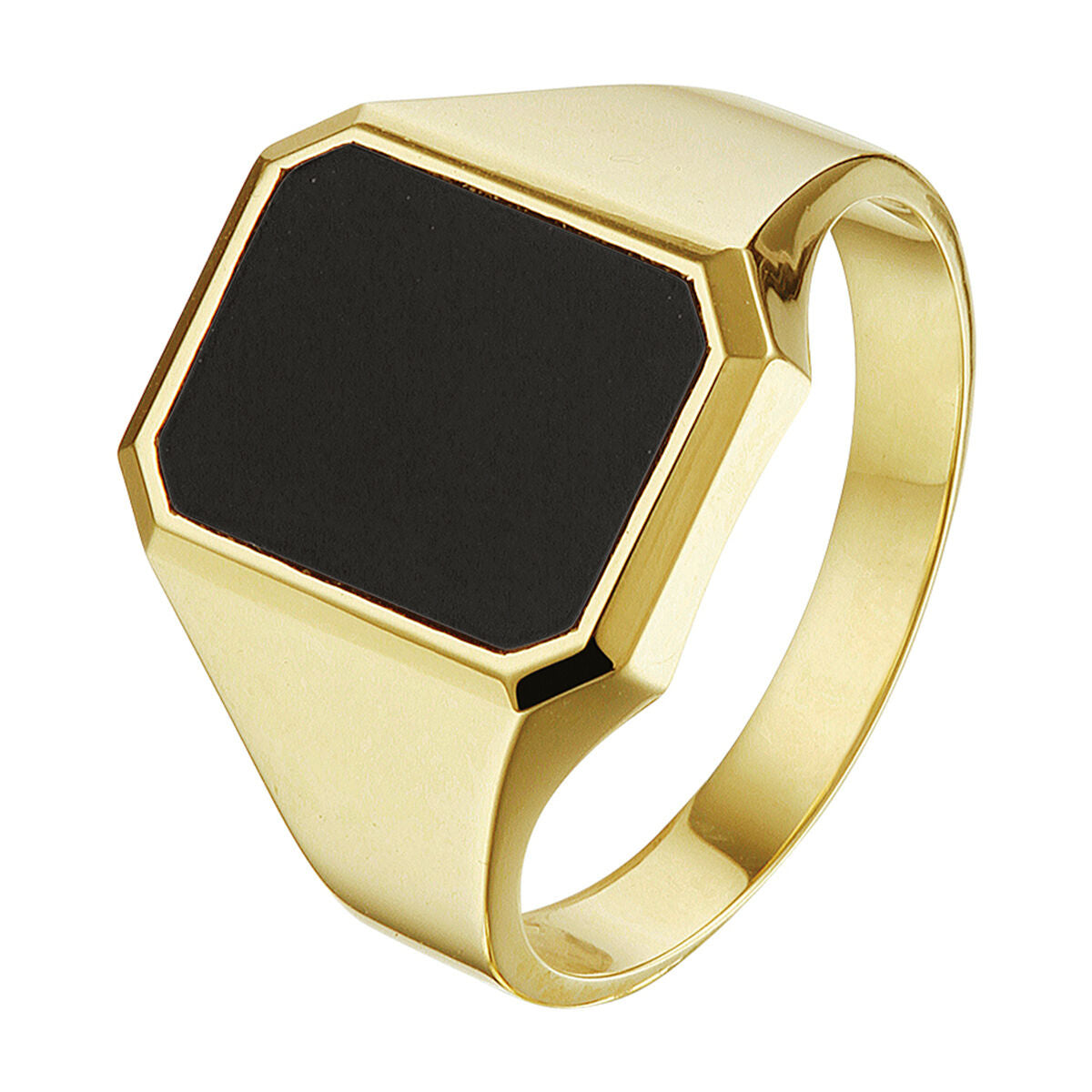 De Van der Kooij Collectie zegelring massief onyx 14K geelgoud heeft een zeshoekig zwart onyx oppervlak met gladde, gepolijste oppervlakken en strakke geometrische randen.