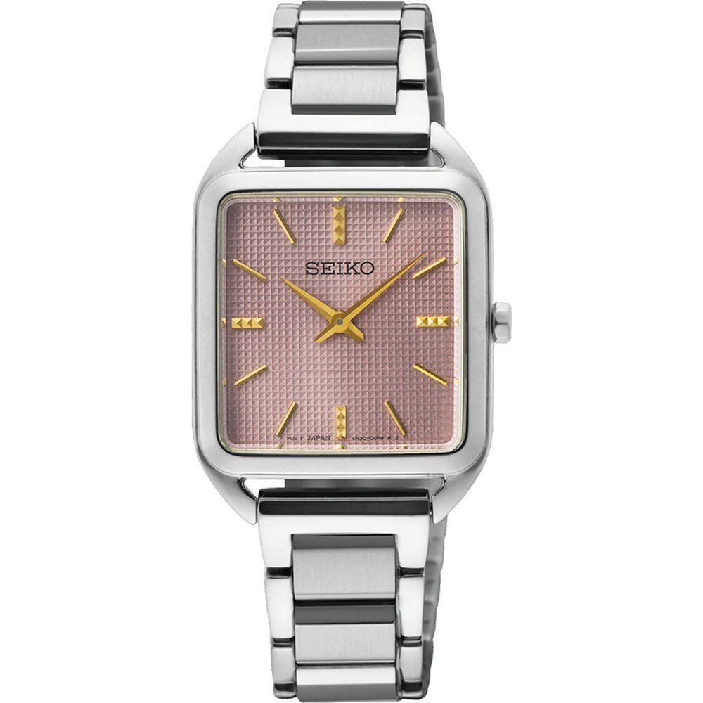 Zilveren dames horloge met vierkante kast, rosegouden wijzerplaat en metalen schakelband.