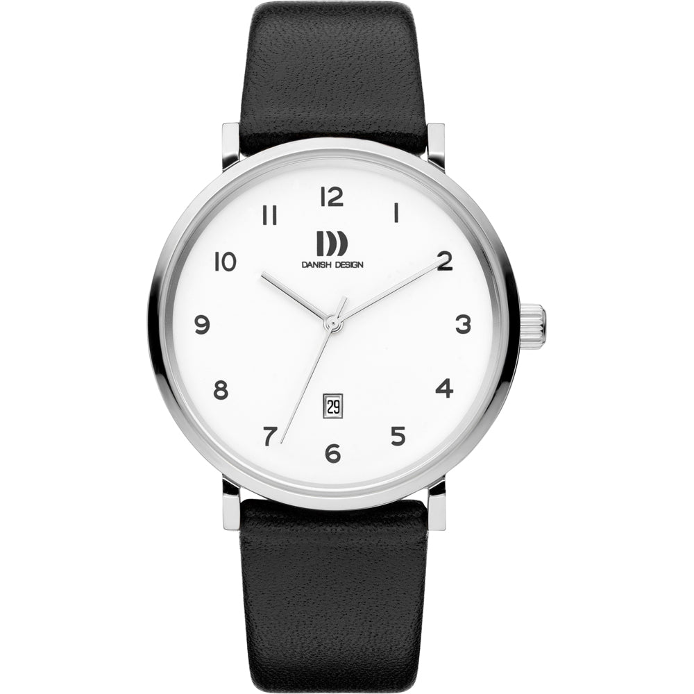 Zilveren horloge met witte wijzerplaat, zwarte leren band en datumaanduiding.