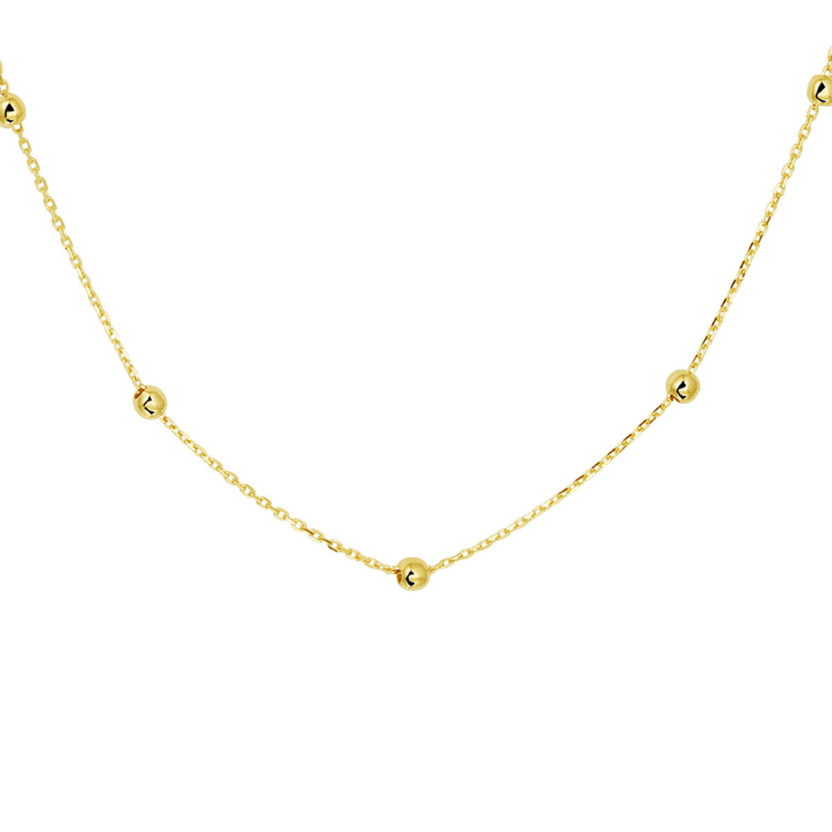 De Van der Kooij Collectie collier anker en bolletjes 1,0 mm 42-44-46 cm in 14K geelgoud heeft kleine, gelijkmatig verdeelde gouden kraaltjes op een fijne ankerschakel ketting en is afgebeeld tegen een witte achtergrond.