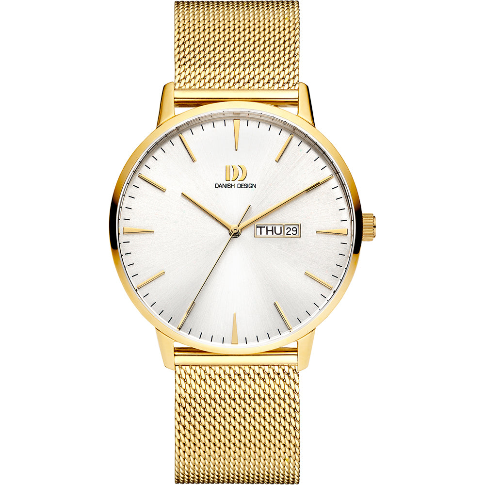 Gouden horloge met zilveren wijzerplaat, mesh-band en datumaanduiding.