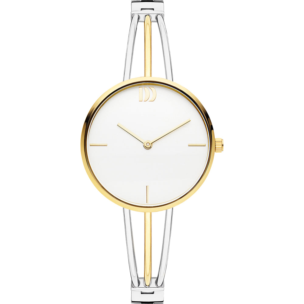 Gouden horloge met een witte wijzerplaat en een zilveren band met gouden accenten.