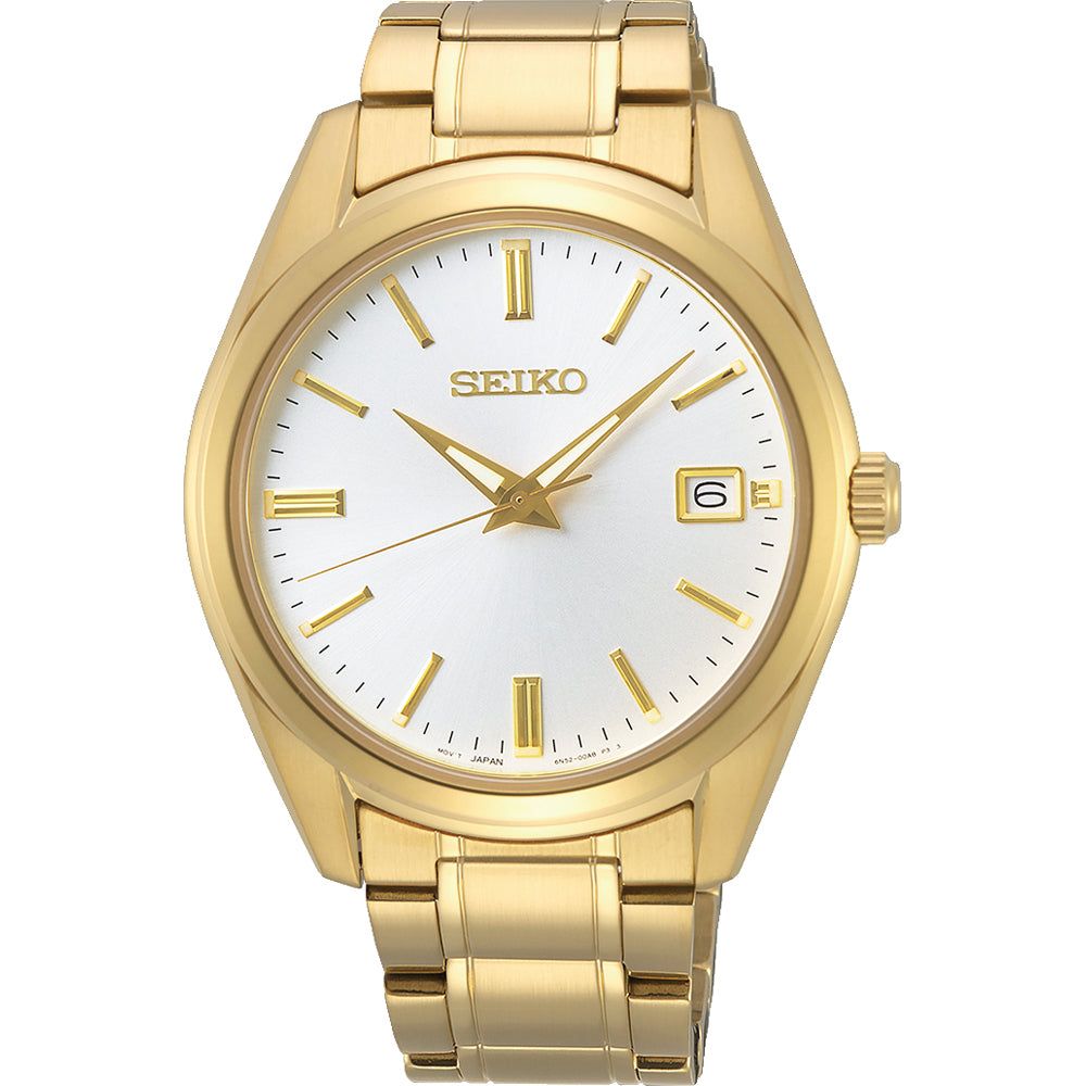 Het Seiko heren horloge SUR314P1 heeft een gouden kast, witte wijzerplaat, gouden uurmarkeringen en wijzers. Het bevat een datumweergave op 3 uur en wordt versterkt door een luxe gouden armband met duurzaam saffierglas voor tijdloze elegantie.