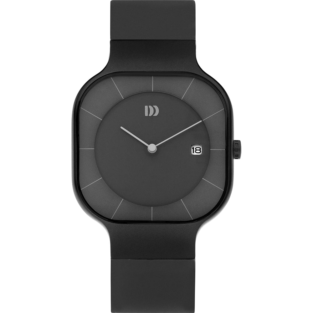 Zwart horloge met een minimalistische wijzerplaat, ronde vorm en een rubberen band.
