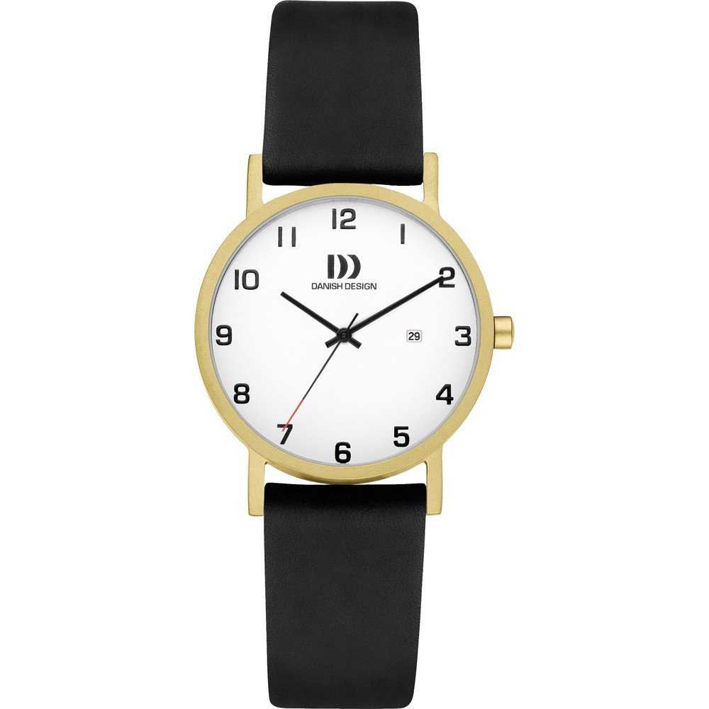 Gouden horloge met witte wijzerplaat, zwarte leren band en zwarte cijfers.