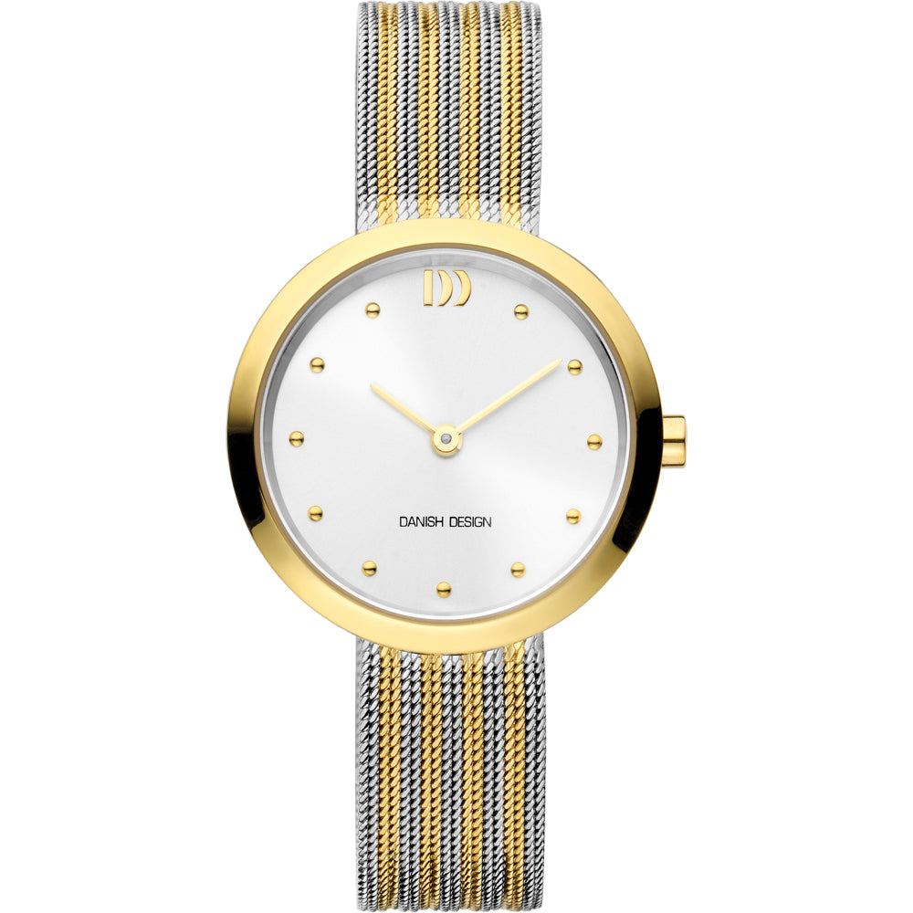 Gouden horloge met een witte wijzerplaat, mesh-band in goud en zilver, en subtiele uurmarkeringen.