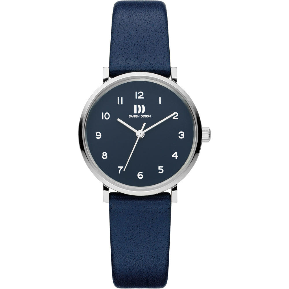 Blauw horloge met een ronde wijzerplaat, zilveren kast en een leren band.