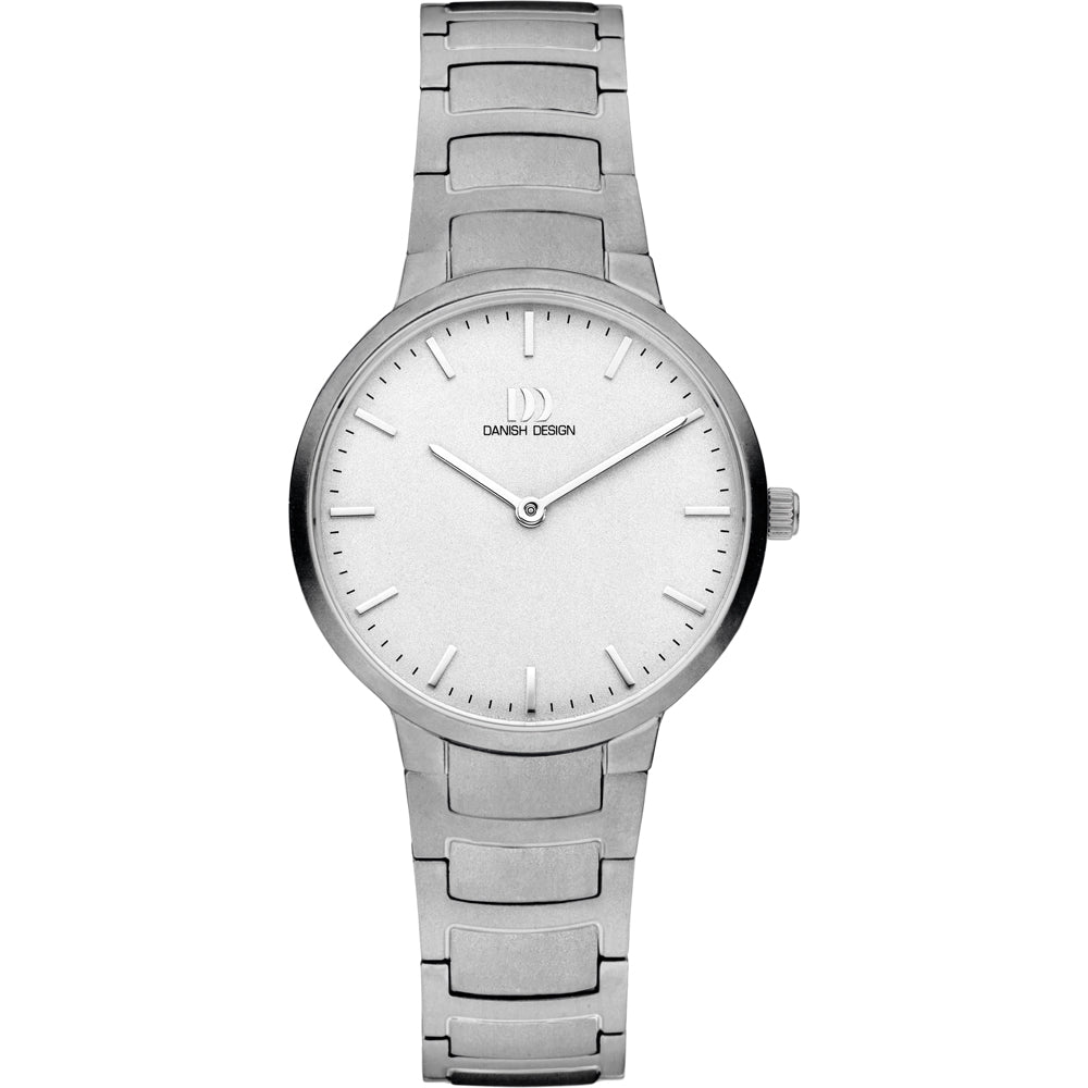 Zilveren horloge met een witte wijzerplaat en een schakelband.